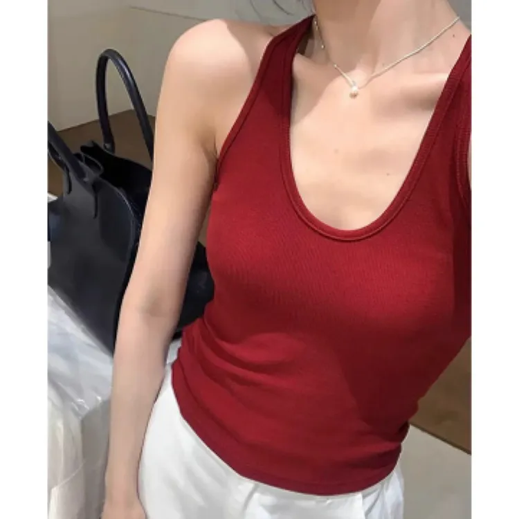 港风复古辣妹红色挂脖带胸垫吊带背心女外穿美背超好看无袖小上衣