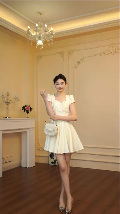 连衣裙优雅短袖收腰学院风日常蓬蓬裙礼服裙子常规夏季21743