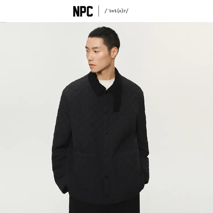 NPC潮牌复古老钱菱形格纹棉服羊毛棉绗缝翻领简约冬季NP5BPJ02