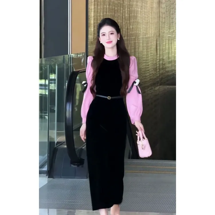 设计感连衣裙2025早秋新款韩系穿搭修身显瘦长袖花朵拼色长款裙子