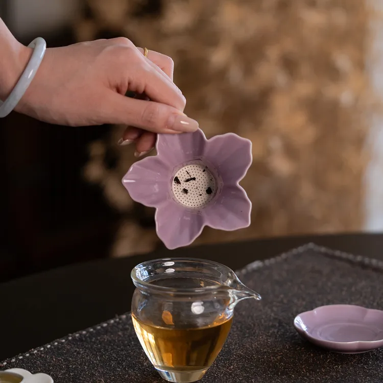 花瓣陶瓷茶滤中式带底托家用功夫茶具配件导茶入壶取茶器泡茶滤