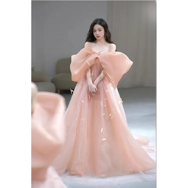 超仙晨袍女粉色蝴蝶结新娘订婚礼裙敬酒服一字肩生日party连衣裙