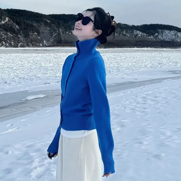 秋冬时髦洋气网红克莱因蓝外穿立领毛衣打底针织衫女开衫内搭上衣