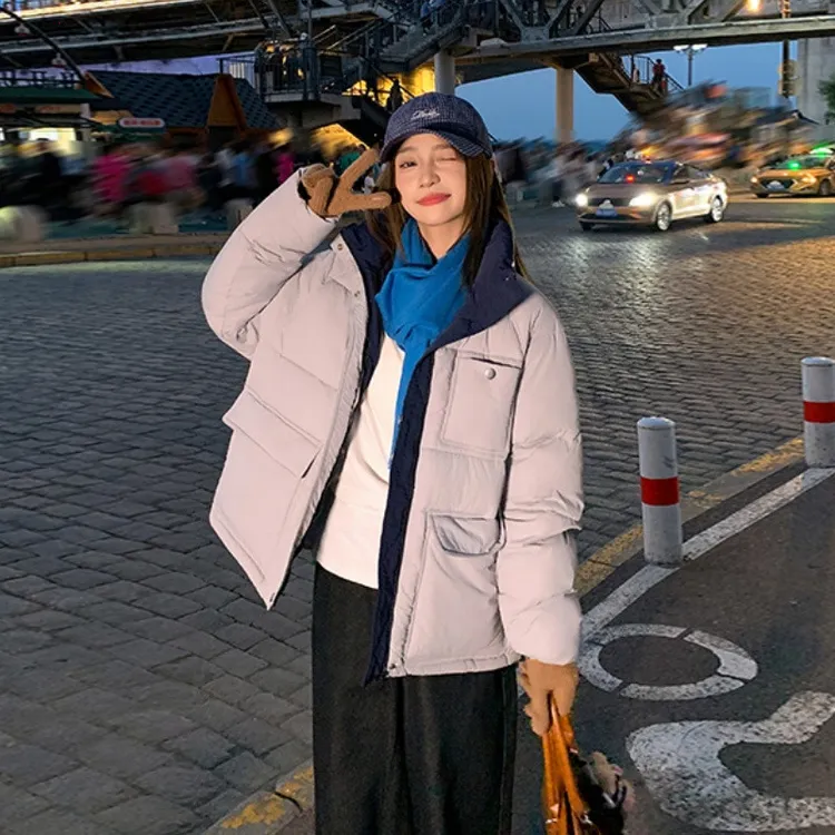 袄子2025年冬季韩版新款撞色立领棉服女短款宽松加厚感小个子连帽