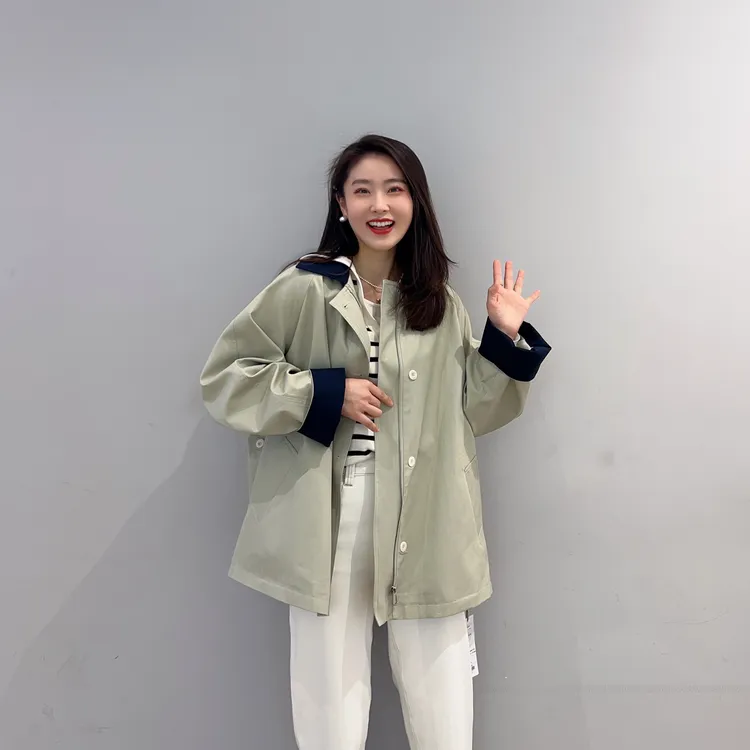 撞色翻领中长款风衣2025春装新款女装小个子友好的外套上衣 5A117