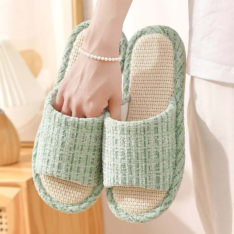 猫力亚麻拖鞋秋冬女款防滑日系小香风透气室内静音居家软底拖鞋男