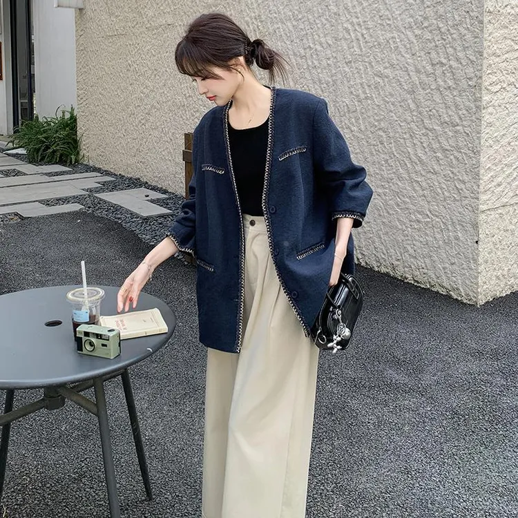 韩系设计感撞色包边无领西装外套女2025春秋职小个子咖色西装套装