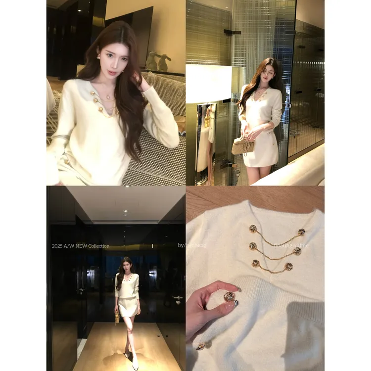 【禾呈】v领软糯套头毛衣女上衣显瘦包臀名媛针织半身裙10934/10936