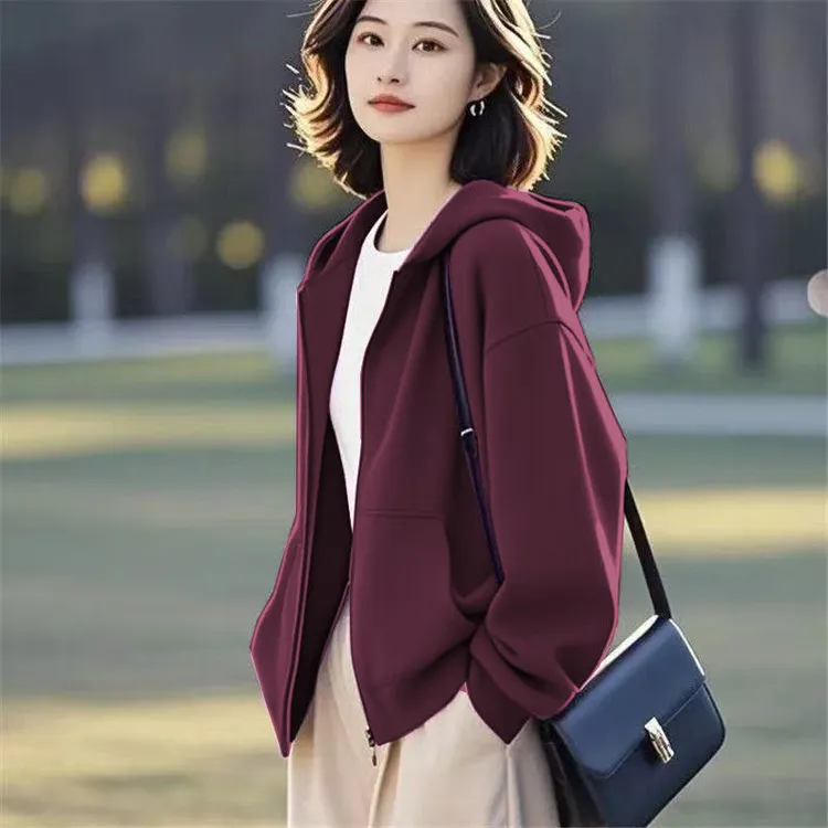 加绒加厚2025冬季新款开衫宽松型纯色卫衣休闲连帽减龄设计感外套