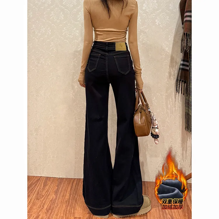 加绒黑色不贴腿微喇牛仔裤女2025年冬季新款显瘦显腿直喇叭长裤