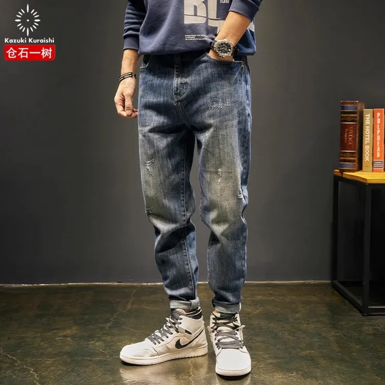 仓石一树潮牌秋冬季新款加绒牛仔裤男复古宽松大码束脚百搭休闲裤