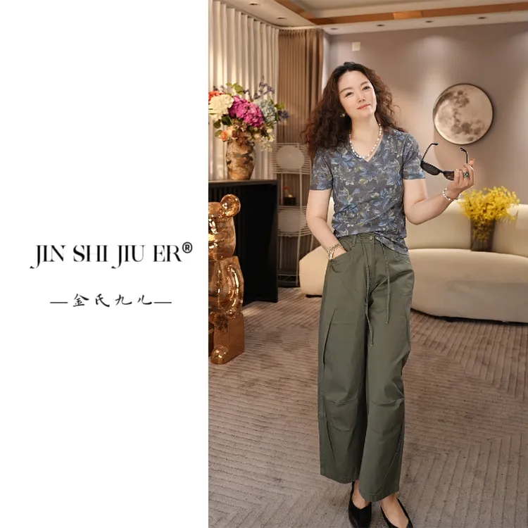 JIUER不掉色薄款 九分裤松紧腰 夏季[松弛感]痞帅 抽绳休闲裤7566