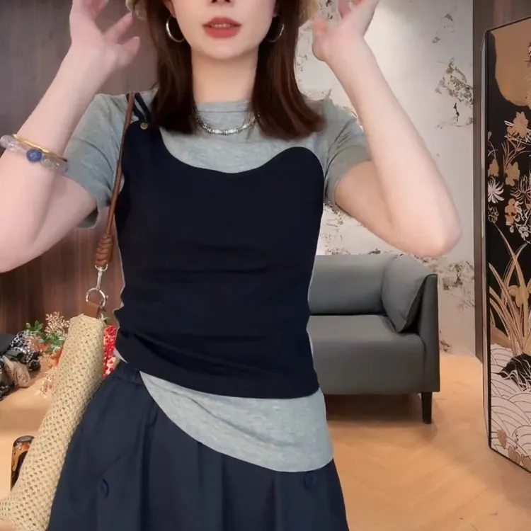 2025年新款夏季高级感气质时尚T恤上衣小众设计感女装假两件短袖