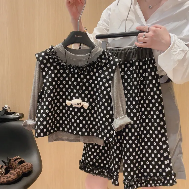 【三件套】2025秋冬上新韩版女童马甲打底衫阔腿裤套装洋气两穿时尚