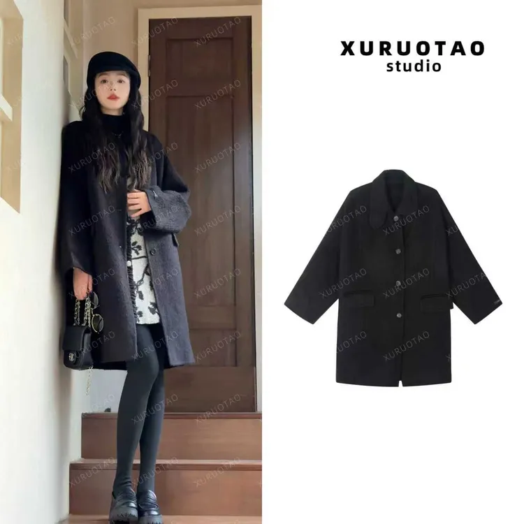 XURUOTAO【苏力大衣】苏力羊驼毛气质高级设计师毛呢黑色大衣 T5735