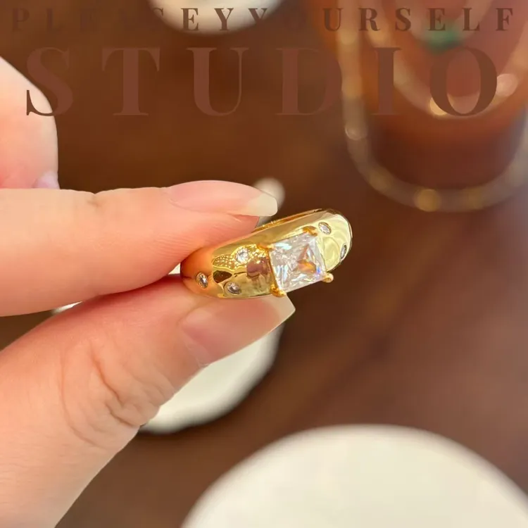 纯铜戒指 「公主方」夏苒原创设计方糖镶钻百搭轻奢戒指