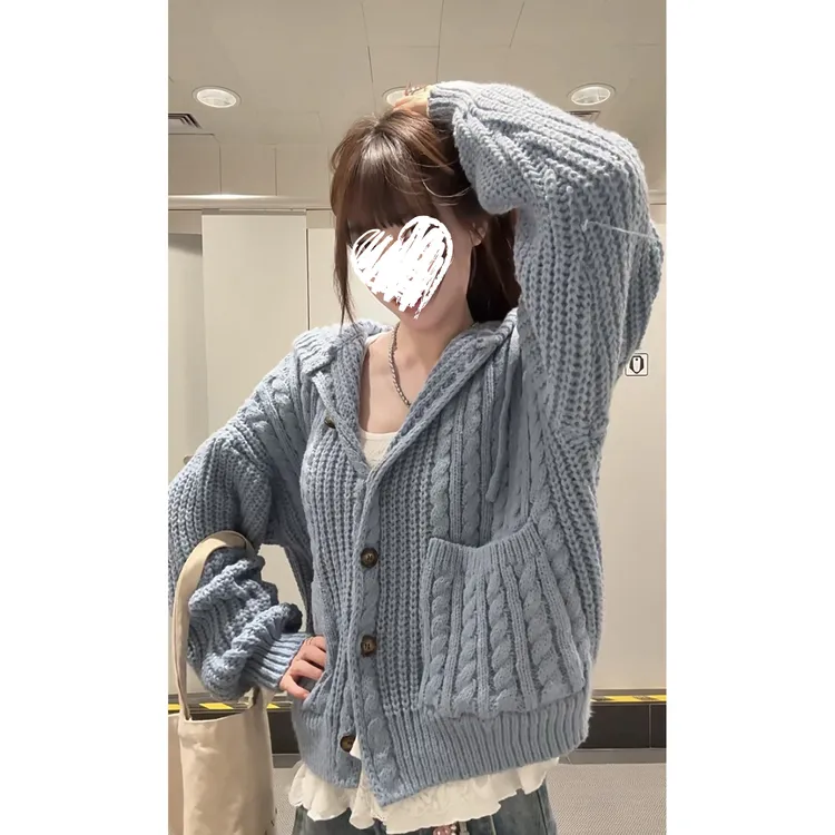 【小雪专属】秋美式复古慵懒风连帽针织毛衣女外套+蕾丝拼接长袖T恤 60699