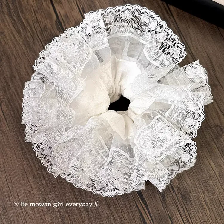 法式少女头花甜美扎头发丸子头发绳头绳爱心蕾丝花边双层大肠发圈