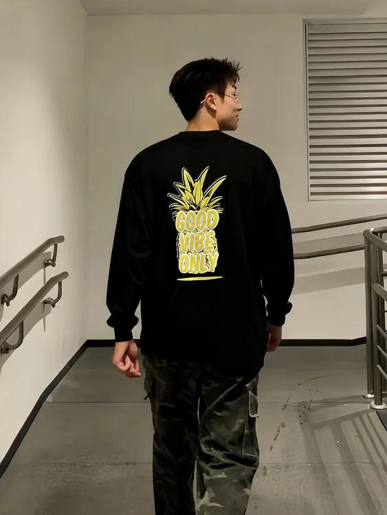 【重磅纯棉】凤梨多巴胺长袖T恤休闲宽松圆领秋上衣潮牌打底衫ins