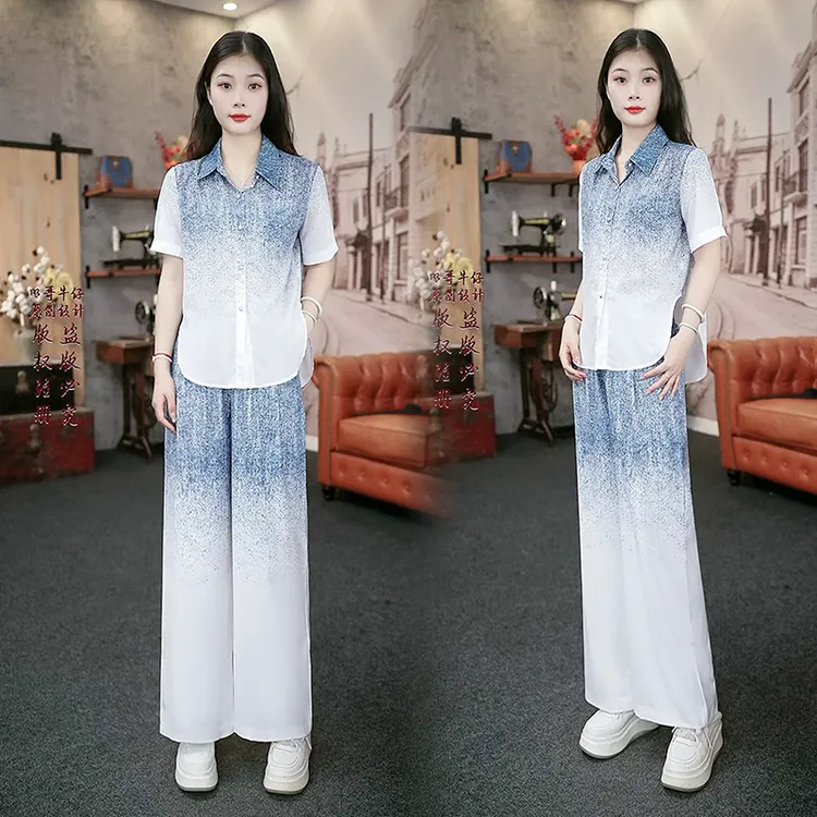 【明哥牛仔原创】法式复古气质渐变晕染套装女夏季新款宽松显瘦972