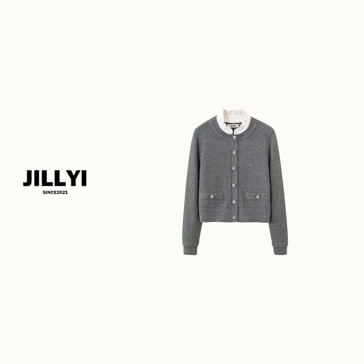 jillyi【夜晚咖啡馆灰】灰色拼接白花瓣领时尚气质百搭针织衫