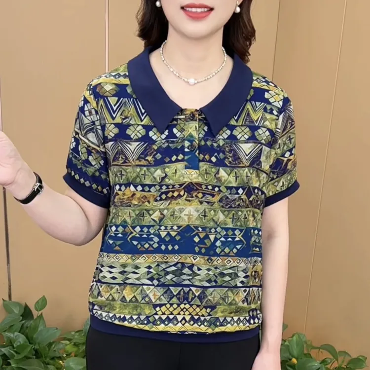 夏季新款时尚翻领印花洋气妈妈装休闲百搭宽松显瘦短袖上衣K761