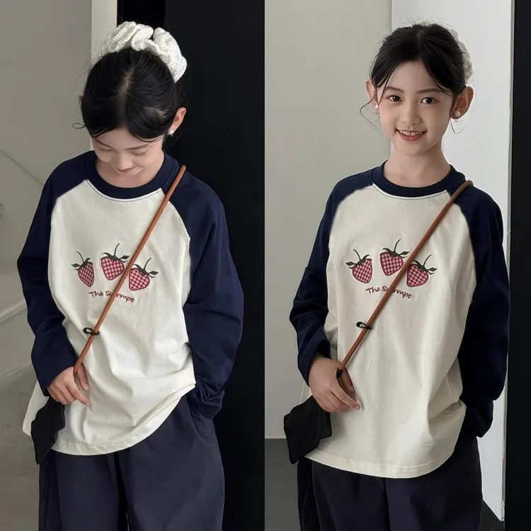 童装儿童甜美草莓印花插肩袖T恤2025秋新女童长袖上衣1197