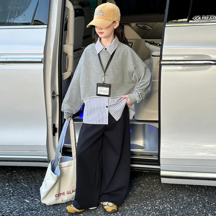 女童秋装套装2025新款儿童洋气假两件卫衣中大童宽松卫裤两件套潮