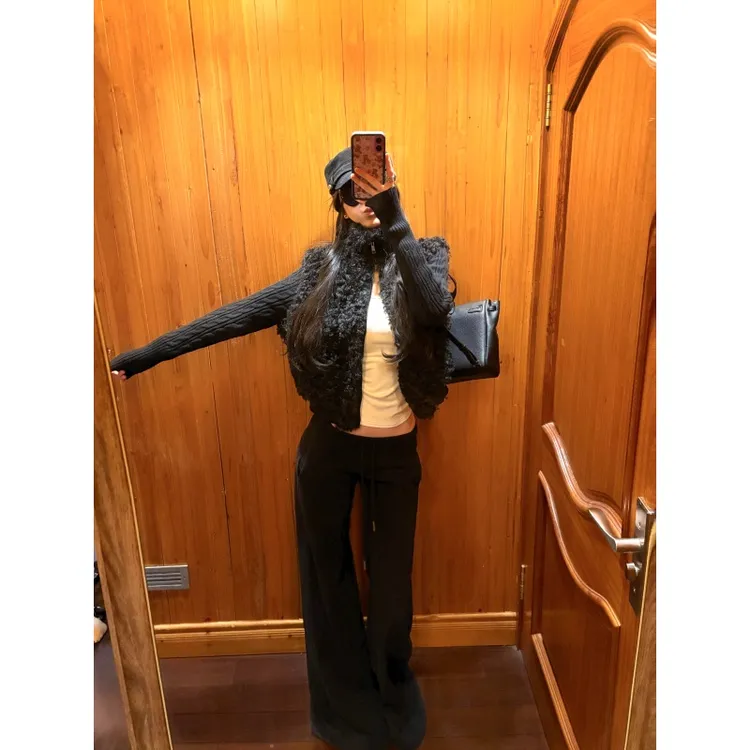 复古高级感百搭短款外套秋冬气质修身纯色内搭高腰宽松阔腿裤套装