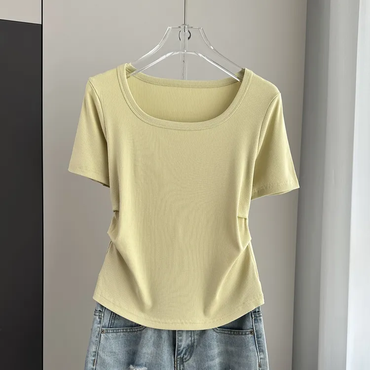 夏季方领正肩短袖T恤女大码宽松显瘦遮肚子百搭打底衫螺纹上衣潮