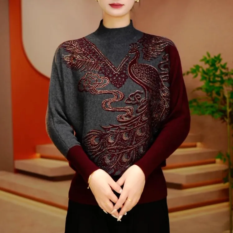 2025冬季新款高级感气质通勤提花烫钻妈妈针织衫宽松休闲女士毛衣