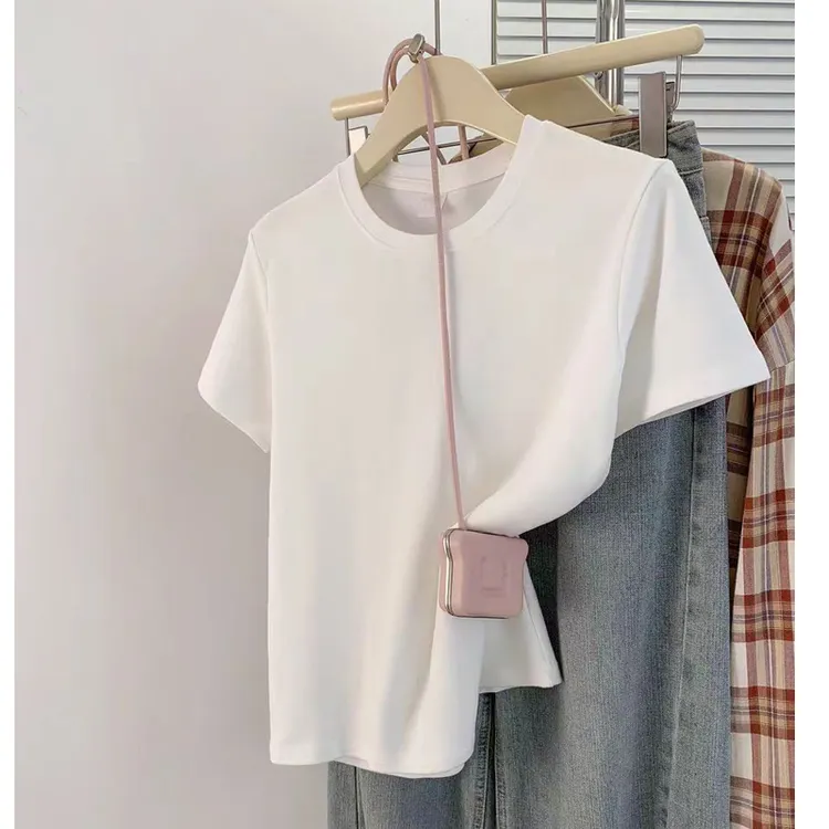 正肩短袖纯色t恤女夏季2025新款白色圆领内搭休闲百搭打底衫上衣
