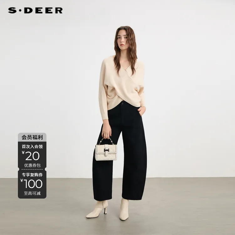 S·DEER圣迪奥女装秋冬交叉设计v领温柔风知性短款纯色韩系针织衫