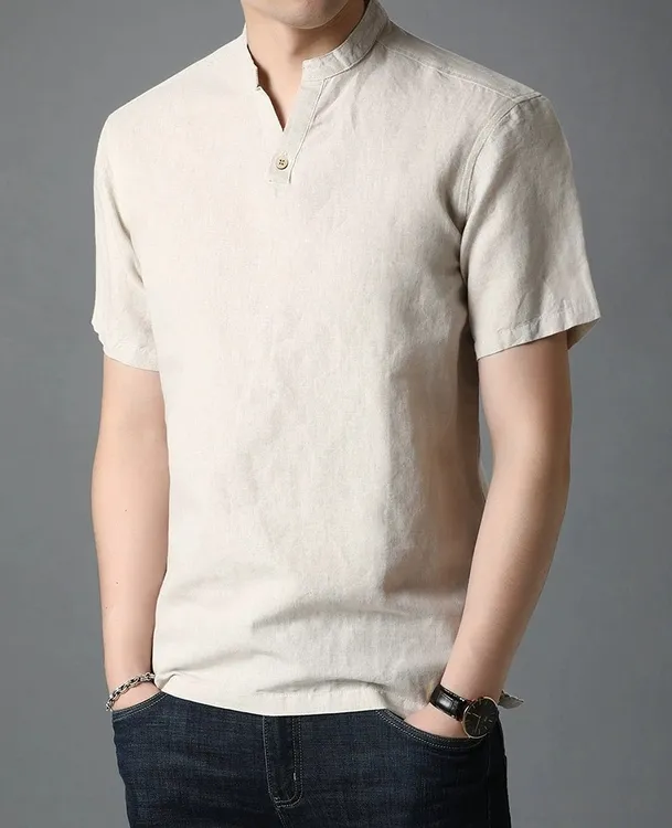 V领短袖T恤夏季亚麻男薄款棉麻半袖中国风休闲男装舒适麻料体恤衫