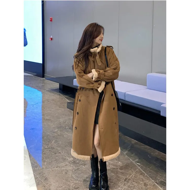 羊羔毛麂皮绒毛呢外套女2025秋冬中长款加绒加厚皮毛一体呢子大衣