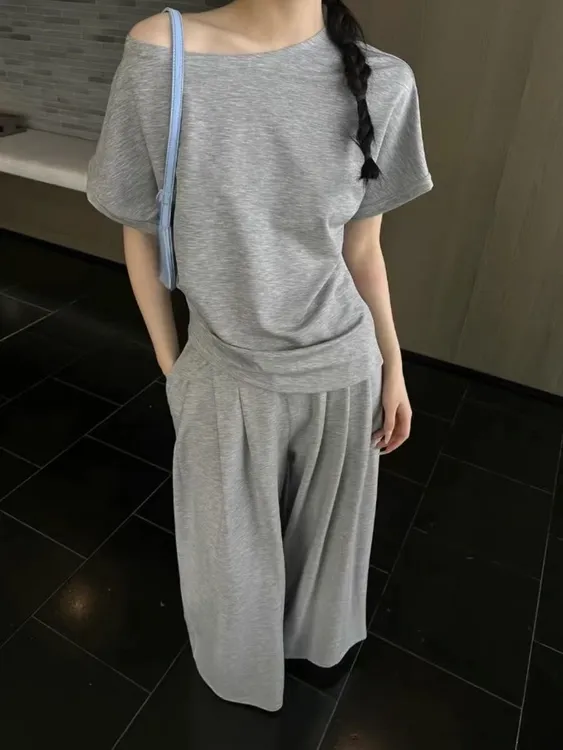 胖MM时尚套装洋气阔腿裤时尚减龄斜肩半袖上衣两件套显瘦休闲