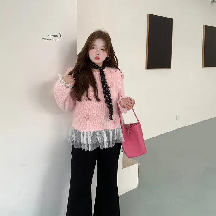 徐达布【小众步调】宽松毛衣大码女秋冬微胖粉色针织衫Z38434C53