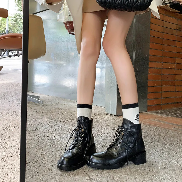 头层羊皮棕色加绒马丁靴女显瘦小皮靴2025秋冬英伦风真皮粗跟短靴