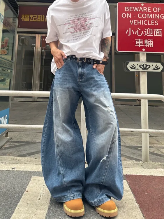 ACME  美式复古水洗磨破做旧牛仔裤男女宽松直筒阔腿弯刀长裤潮