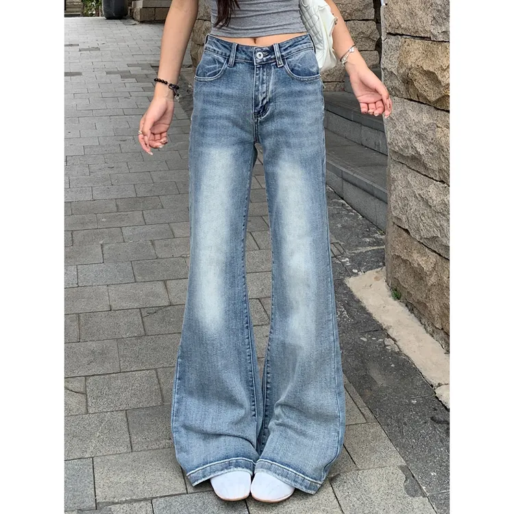 【富贵专属】美式复古水洗微喇牛仔裤女秋季设计感不贴腿修身显瘦拖地喇叭裤子