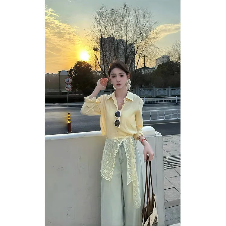 2025春季新款法式气质时尚绝美别致长袖衬衣女配高腰显瘦牛仔长裤