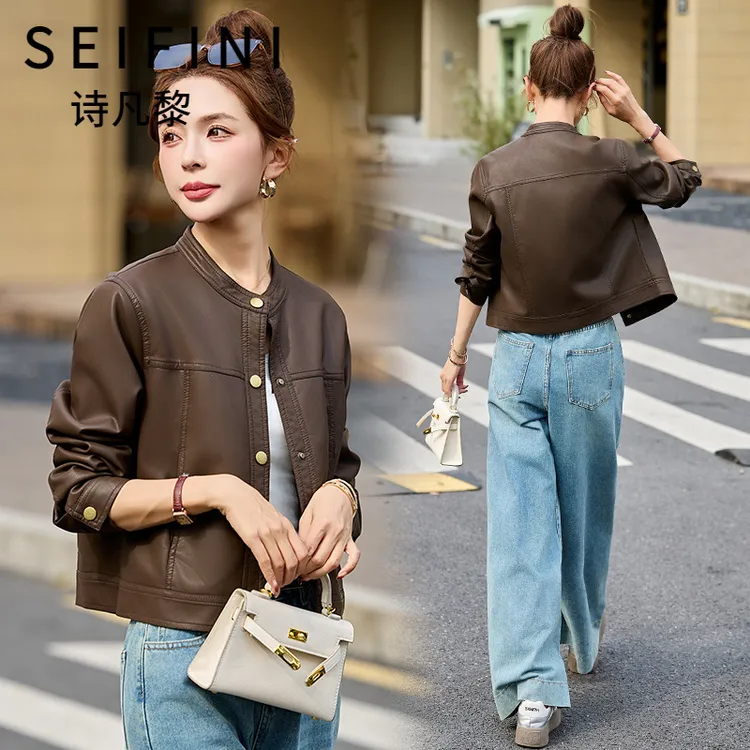SEIFINI/诗凡黎折扣女装气质显瘦PU皮衣百搭短款机车服上衣外套潮