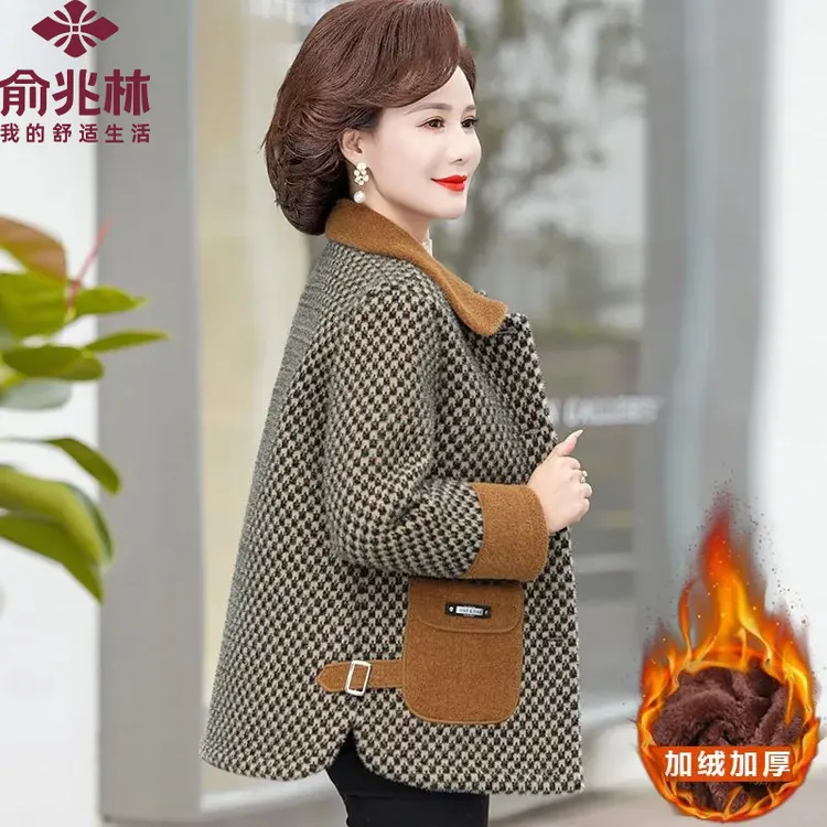 俞兆林妈妈秋冬水貂绒毛呢外套加绒加厚中老年女装母亲洋气衣服