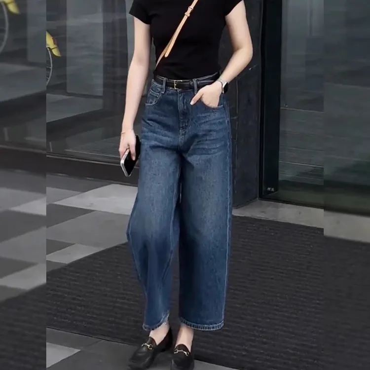 大码阔腿牛仔裤女2025新款秋季复古宽松显瘦百搭垂感直筒九分裤子