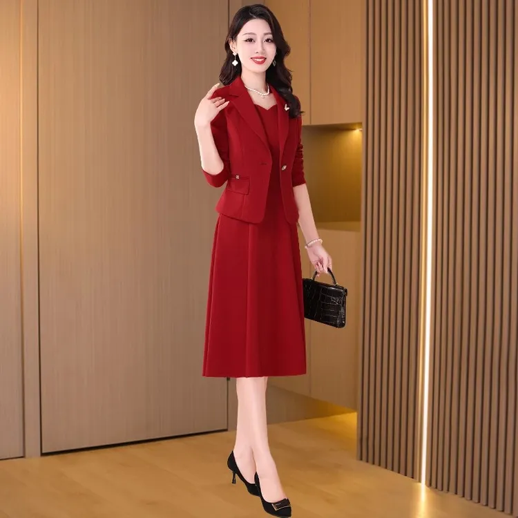 红色喜婆婆喜妈妈婚宴装连衣裙女2025早秋新款高端礼服爆款两件套