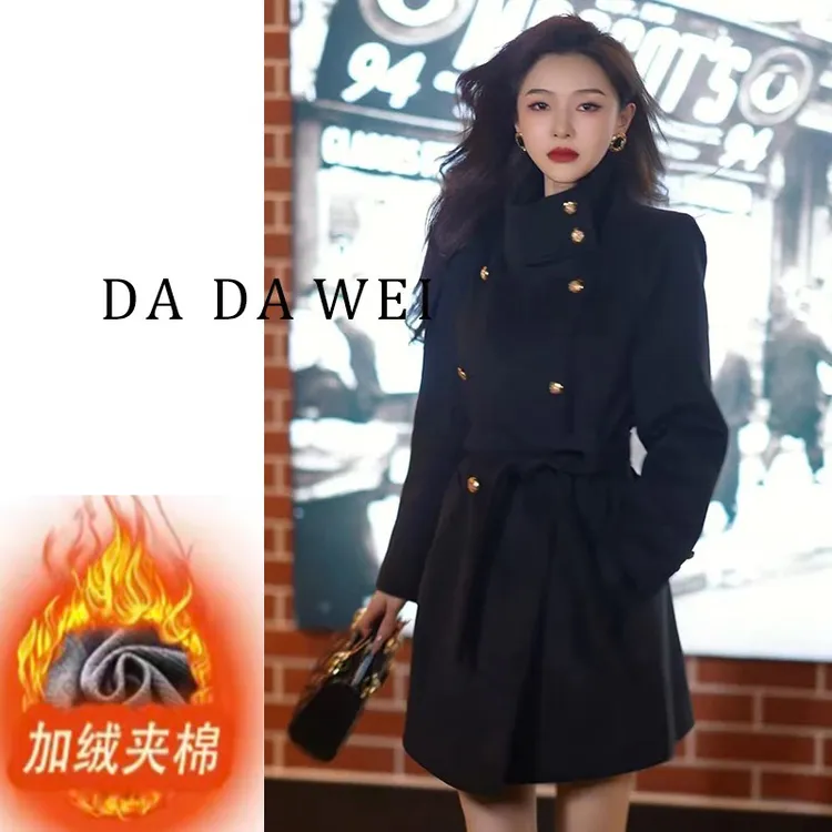 夹棉毛呢大衣女2025秋冬新款韩版时尚宽松腰带收腰时尚加棉风衣