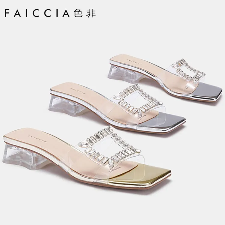 色非一字拖女夏季新款方头露趾粗跟水钻一脚蹬外穿拖鞋B653