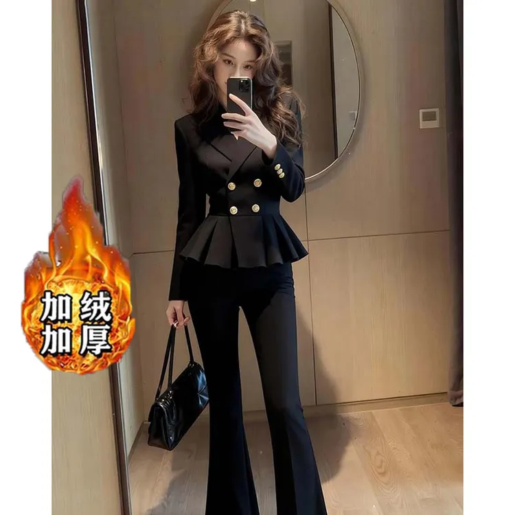 【加绒加厚】【两件套】小个子独特超好看气质掐腰黑色外套HY0160