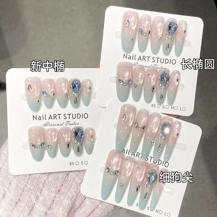 【北极星泪】蓝精灵冰晶高级温柔ins风光疗甲长款贴片手工穿戴甲