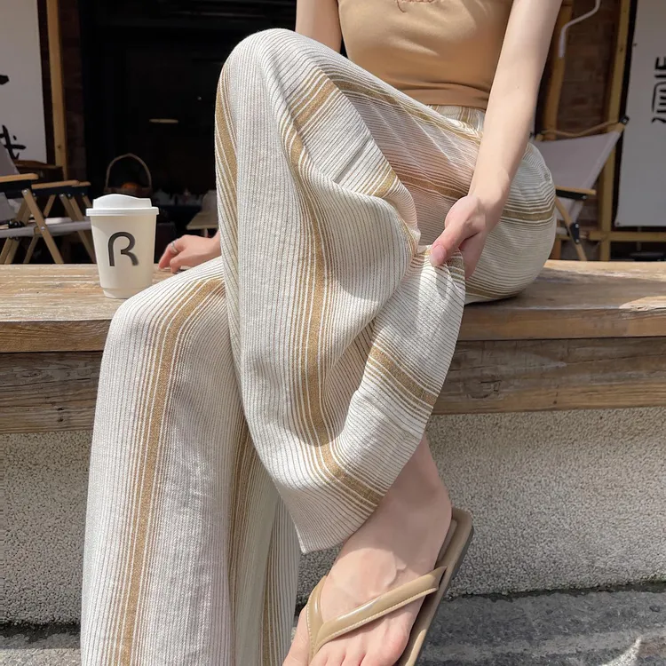 冰丝舒适条纹阔腿裤女夏季薄款百搭休闲西装裤宽松直筒垂感拖地裤